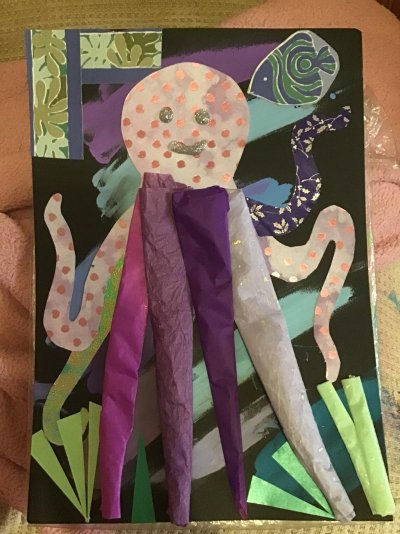 2024 Creative Project Week 09-10 Picture 03 Happy Octopus on Black Collage Mixed Media.jpg