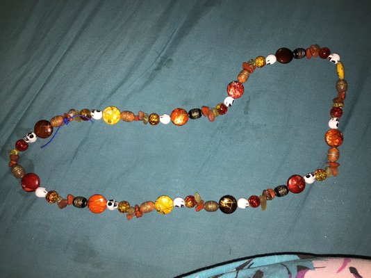 Necklace I Made Yellow Orange Red Brown Black Skulls.jpg