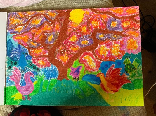 My Artwork Fire Flower Tree With Birds Oil Pastels Gel Crayons.jpg