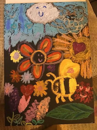 My Artwork Flowers and Bees on Black Paper Oil Pastels.jpg