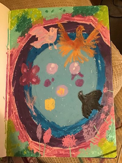 My Artwork Face in The Water Birds Butterflies Flowers Oil Pastels.jpg