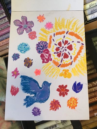 My Artwork Bird and Flowers Flower Sun Oil Pastels.jpg