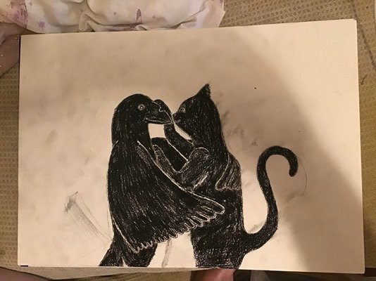 My Artwork The Lovers Cat and Raven Work in Progress (Needs a Background) Charcoal Pencil.jpg