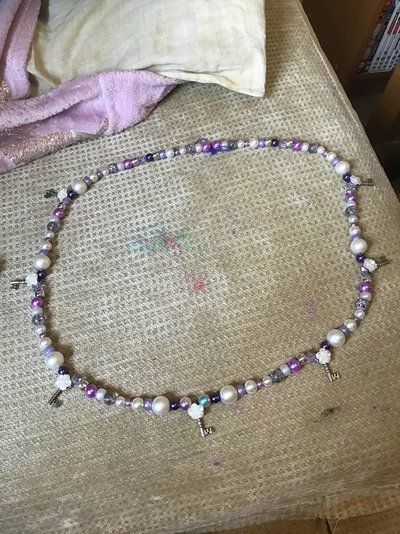 My Artwork Necklace Silver Key Charms White Flower Beads White and Purple Beads.jpg