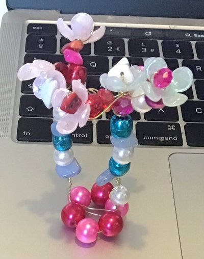 My Artwork Wire and Bead Sculpture Tree with Flowers Christmas Blue Red Pink White.jpg