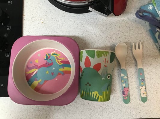 Unicorn Bowl, Dinosaur Beaker and Cat Spoon and Fork.jpg