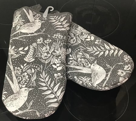 Oven Gloves White on Grey Birds and Flowers Leaves.jpg