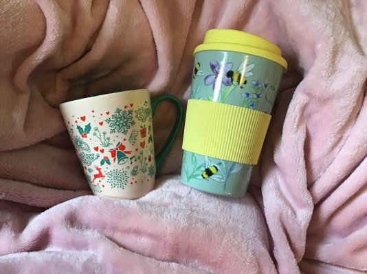 Christmas Mug and Bee Travel Beaker on Pink Blanket.jpg