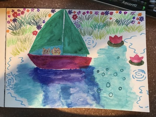 My Artwork Owl and Pussycat on Partly Green Boat Watercolour Crayons Oil Paint Marker Pens.jpg