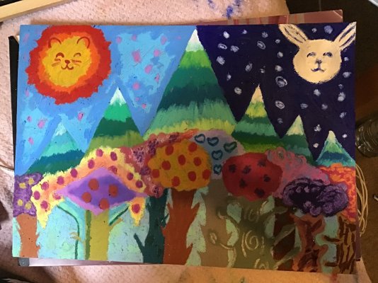 My Artwork Lion Sun and Usagi Bunny Moon Sky Trees Flowers Fruit Mountains Oil Pastels.jpg