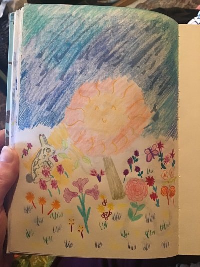 My Artwork Coming of Spring Sad Bunny in Meadow Sun Flowers Sky Coloured Pencils Brush Pen.jpg