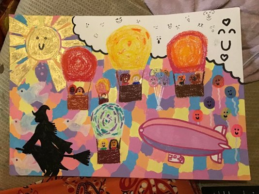 My Artwork Colourful Sky Hot Air Balloons Dirigible Witch Children Birds Sun Clouds Week 4 Pic...jpg