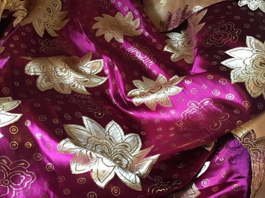 Mauve Satin Jacquard with Gold Flower Pattern Fabric.jpg
