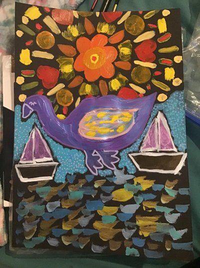 My Artwork Bird Sun Ships Sea Acrylic Paint Acrylic Paint Markers Black Paper Week 11 Picture 9.jpg