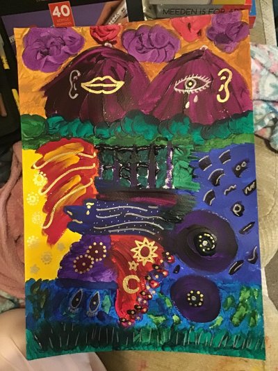 My Artwork Old Woman Walks Out of Depression Sea Into the Light Feeling at Peace Acrylic Paint...jpg