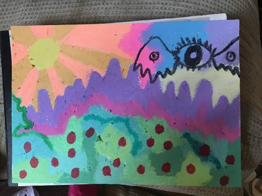 2023 Creative Project Week 26 Picture 16 Pastel Mountain EyeBat Creature Red Apples Oil Pastels.jpg