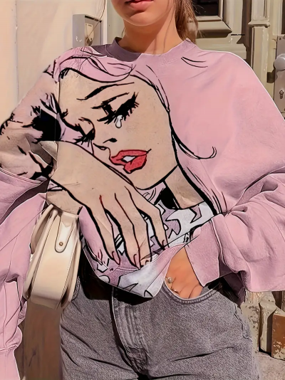 Pink Haired Single Teardrop Girl Vintage Comic Style Sweater.png