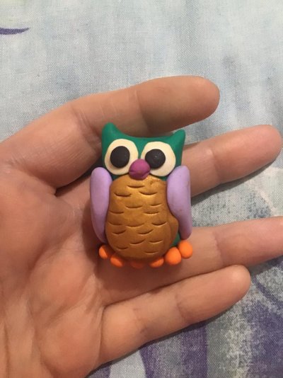 2024 Creative Project Week 31-32 Polymer Clay 02 Owl Green Purple Orange Gold.jpg