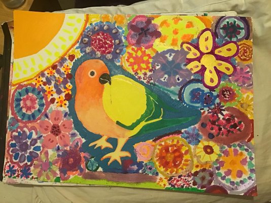 2024 Creative Project Week 37-38 Picture 12 Parakeet Colourful Flowers Oil Paint Markers Gel C...jpg