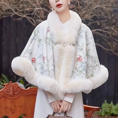 Temu Clothing 38 - Chinese Floral Pattern Poncho Shawl Wrap Faux Fur Trim.jpg