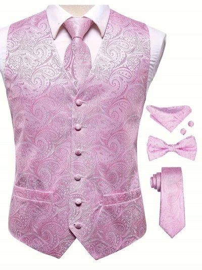 Temu Clothing 42 - Light Pink Jacquard Patterned Waistcoat With Tie Bowtie Hankerchief Cufflinks.jpg