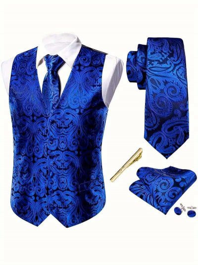 Temu Clothing 43 - Royal Blue Jacquard Patterned Waistcoat With Tie Tieclip Hankerchief Cuffli...jpg