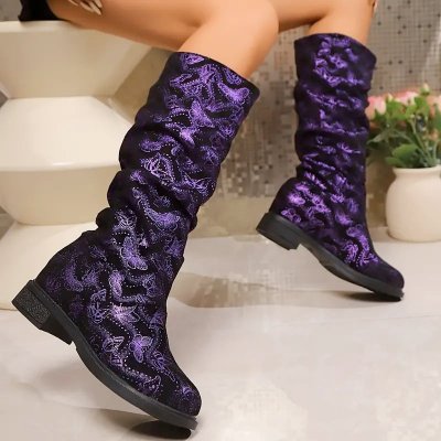 Temu Shoes 4 - Black Boots with Purple Metallic Shiny Butterflies.jpg