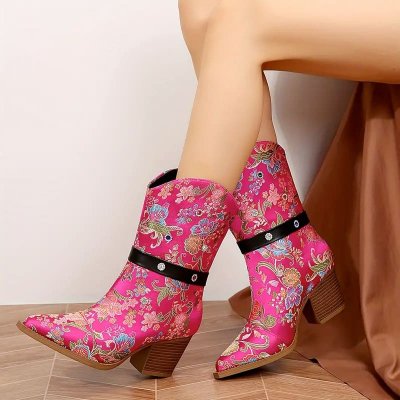 Temu Shoes 7 - Rose Red Pink Floral Pattern Heeled Boots.jpg