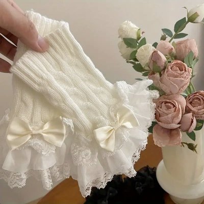 Temu Accessories 16 - Cream White Arm Warmers Fingerless Gloves Lace Satin Ribbon Bows.jpg