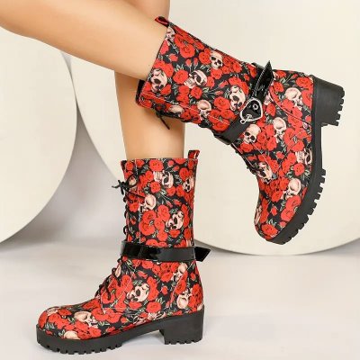 Temu Shoes 9 - Red Roses Green Leaves Skulls on Black Boots.jpg