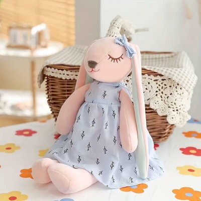Temu Plushies 05 - Pink Bunny Plush Blue Dress Green Inner Ears.jpg
