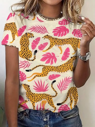 Temu Clothing 55 - Yellow and Black Leopards Pink Leaves on Cream White T-shirt.jpg