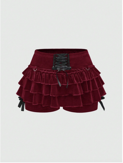Shein Clothing 03 - Burgundy Velvet Bloomers Lace Up Waist.png