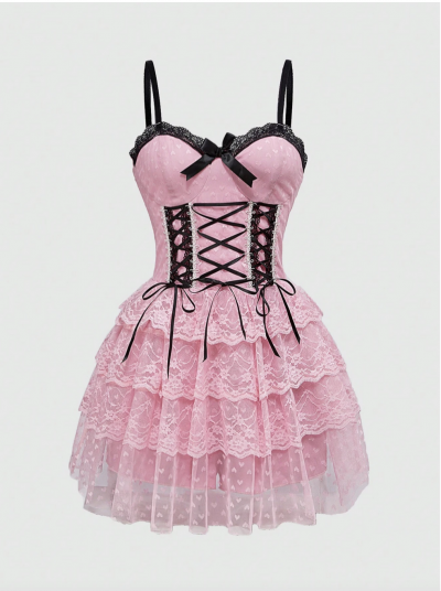 Shein Clothing 07 - Pastel Pink MIni Dress With Black Lace Detailing Frilly Skirt.png