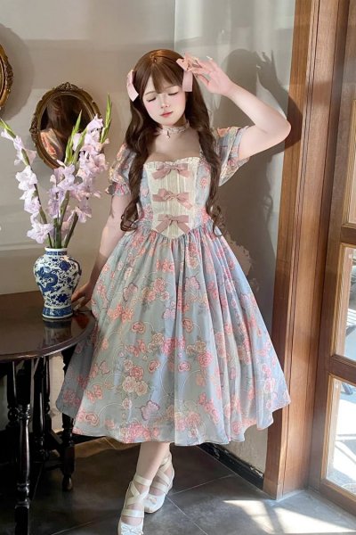Lolita Inside Laurel Tree Blue Gem Rose Print Short Puff Sleeves Ruffle Bowknot Sweet Plus Siz...jpg