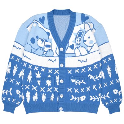 Steady Hands Long Distance Cardigan Bunny Bear Blue Carrots Fish Image 01 Front.jpg