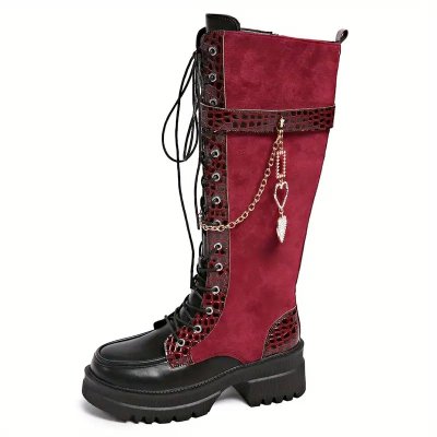 Temu Shoes 15 - Red Black Goth Punk Below The Knee Heart Chain Boots.jpg
