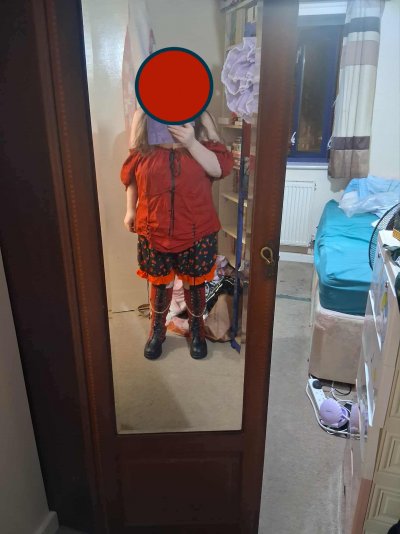 Me In My Awesome New Red And Black Temu Boots Face Obscured Front View.jpg