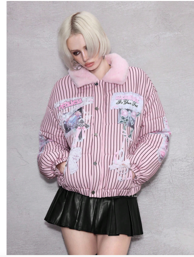 Shein Clothing 63 - Romwe Pink Striped Padded Jacket Faux Fur Collar.png