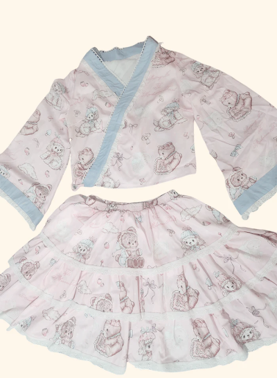 Niu Niu - Showa Moe Bear Wa Lolita Dress Set Kawaii Lolita Pink SK Suit Bears Puppies Just the...png