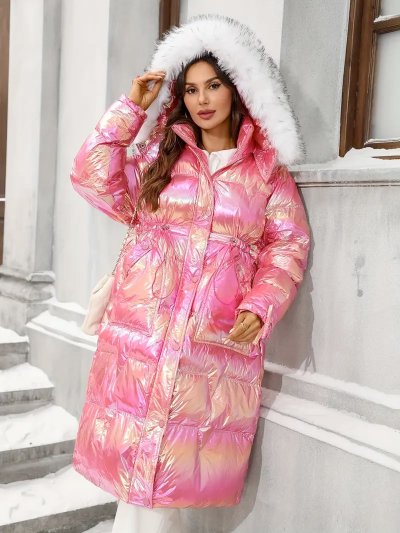 Temu Clothing 70 - Shiny Pink Padded Jacket Fur Trim Hood Image 1 Front.jpg
