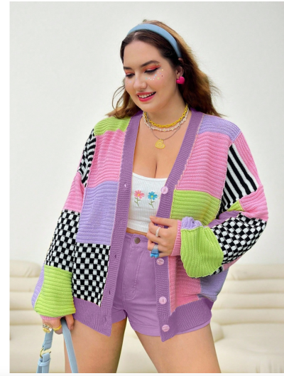 Shein Clothing 64 - Solflare Checkerboard Striped Cardigan Colourful Pink Purple Green Dopamine.png