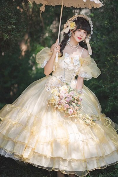 Yellow Belle Beauty and the Beast Vibes Off Shoulder Short Sleeves Triple-Layered Ruffle Hanay...jpg