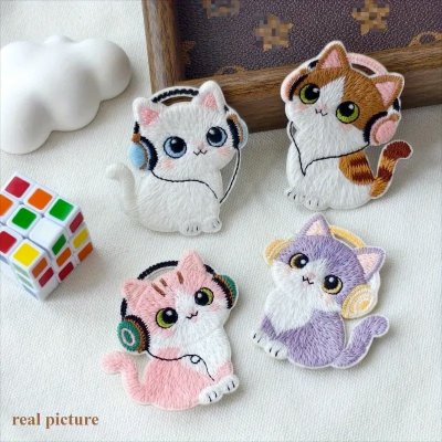 Temu Sewing 05 Image 01 - Embroidered Cats With Headphones Appliques x 4 Pink Purple Brown White.jpg