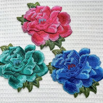 Temu Sewing 03 Image 01 - Embroidered Chinese Peony Appliques x 3 Red Green Blue.jpg