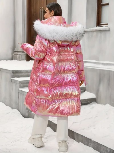Temu Clothing 70 - Shiny Pink Padded Jacket Fur Trim Hood Image 2 Back.jpg