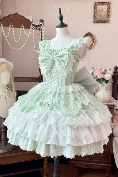 LolitaInside Hello Princess Green Sleeveless Triple-Layered Ruffle Embroidery Bowknot Lace-Up ...jpg