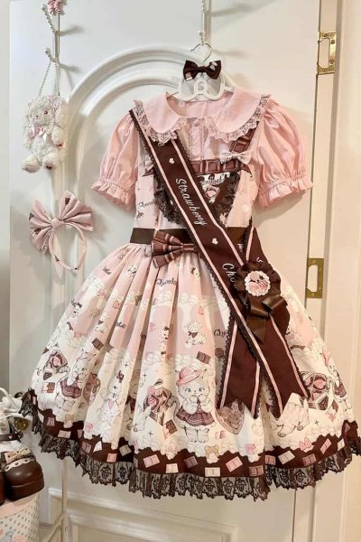 LolitaInside Twilight Crush Chocolate Rosette Cat Print Bowknot Stitching Lace Sweet Lolita Js...jpg