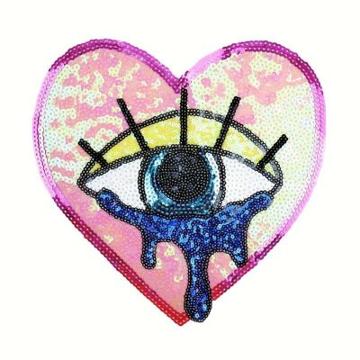 Temu Textiles 08 Image 01 - Pastel Pink Yellow Blue Crying Eye in Heart Sequins Large Applique.jpg