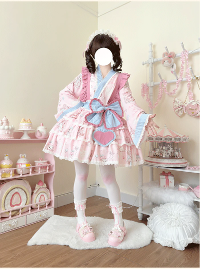 Niu Niu - Showa Moe Bear Wa Lolita Dress Set Kawaii Lolita Pink SK Suit Bears Puppies with Inc...png